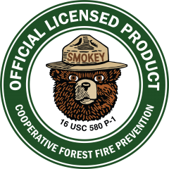  A logo of Smokey Bear with the words official licensed product and cooperative forest fire prevention around the sides.