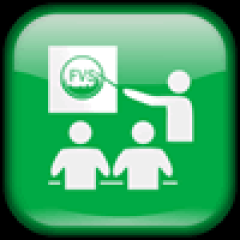 An illustrated button showing a person teaching two students in a classroom.
