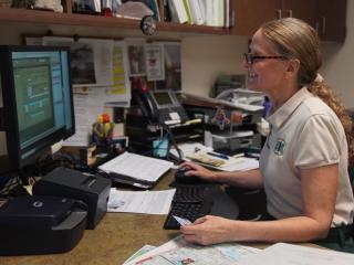 woman at desk using computer